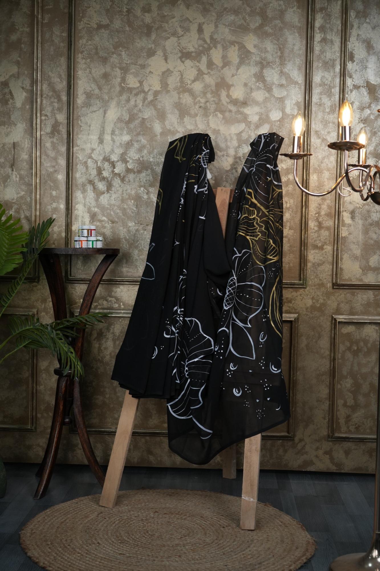 Midnight Garden — Hand-painted Chiffon Saree