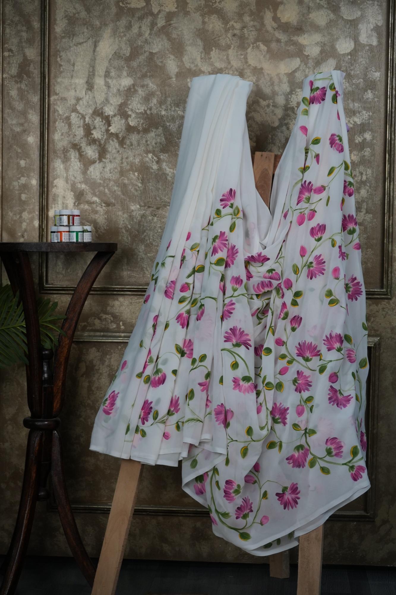 Pink Dahlia — Hand-painted Saree